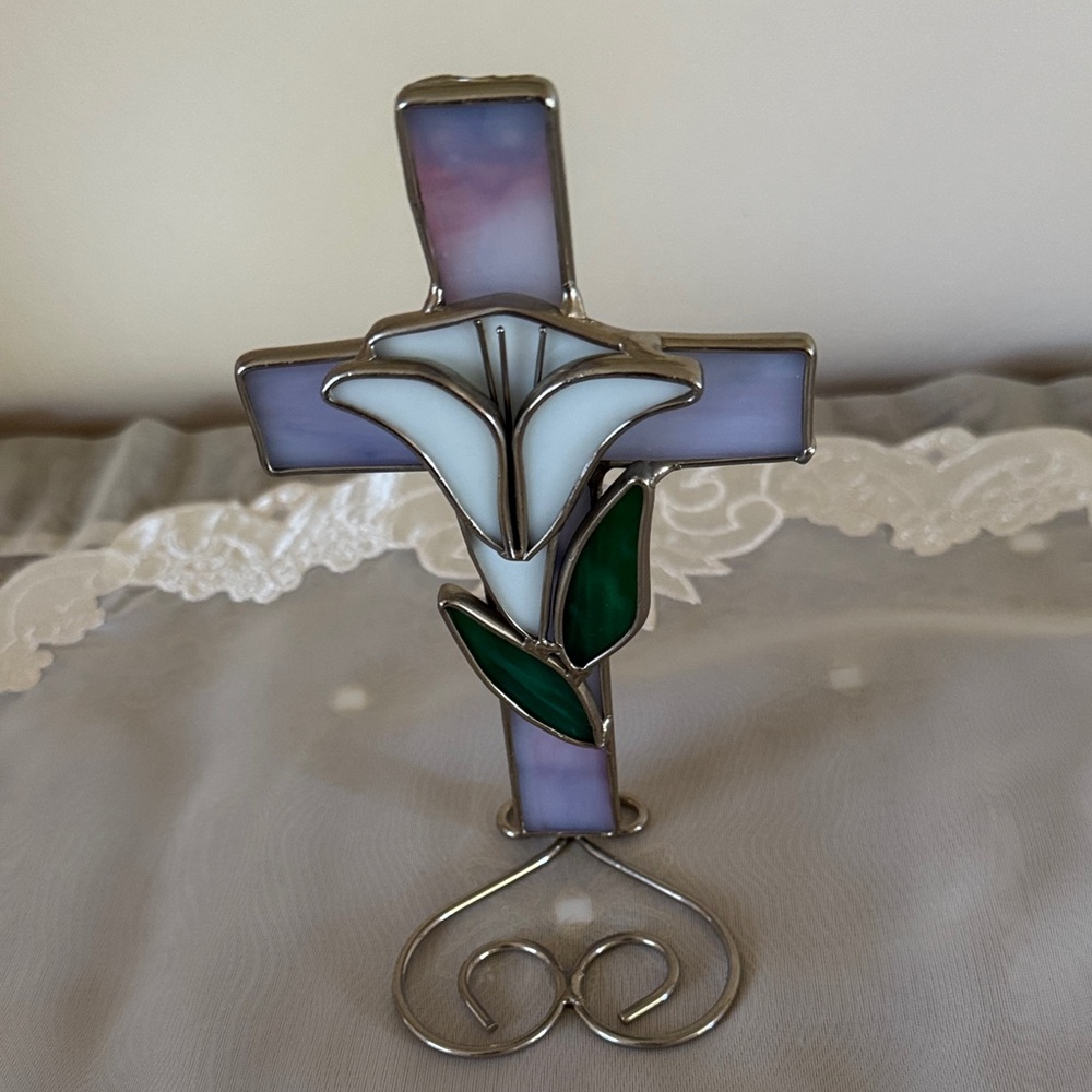 Stained Glass Cross with Lily Design